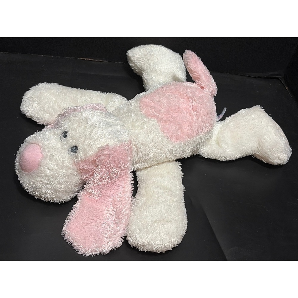 Vtg Aurora Baby Pink White Puppy Dog Plush Lovey Satin Ears 12" Laying Down - Picture 2 of 5
